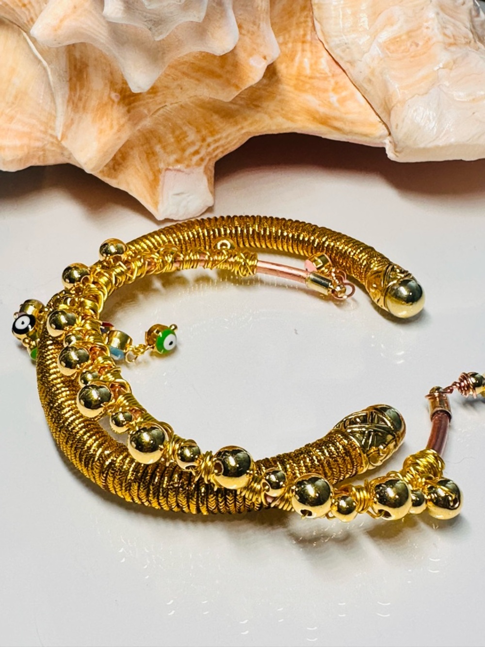 Gold Beaded Coil set Bracelets Cuff